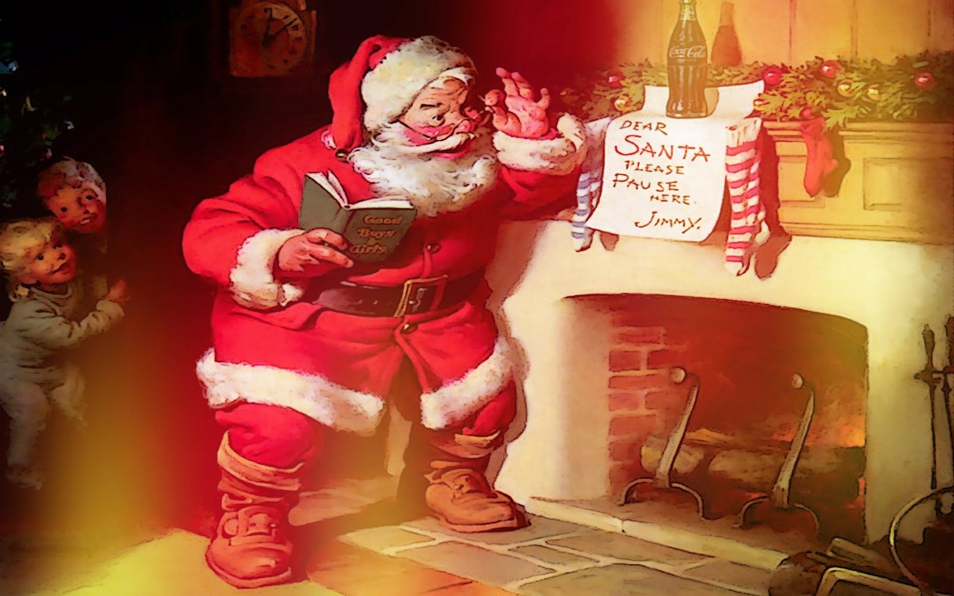 Santa Comes Down Chimney - HD Wallpaper 