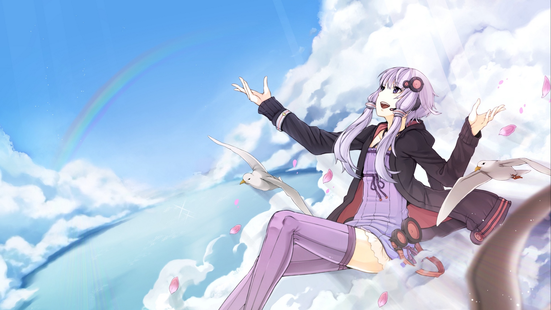Wallpaper Anime, Girl, Flying, Bird, Sky - Character Sitting On A Cloud - HD Wallpaper 