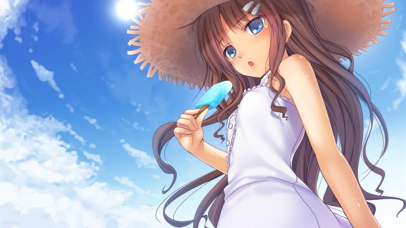 Girl Anime Hat Sky-design Hd Wallpaper2015 - Anime Girl Light Brown Hair Blue Eyes - HD Wallpaper 