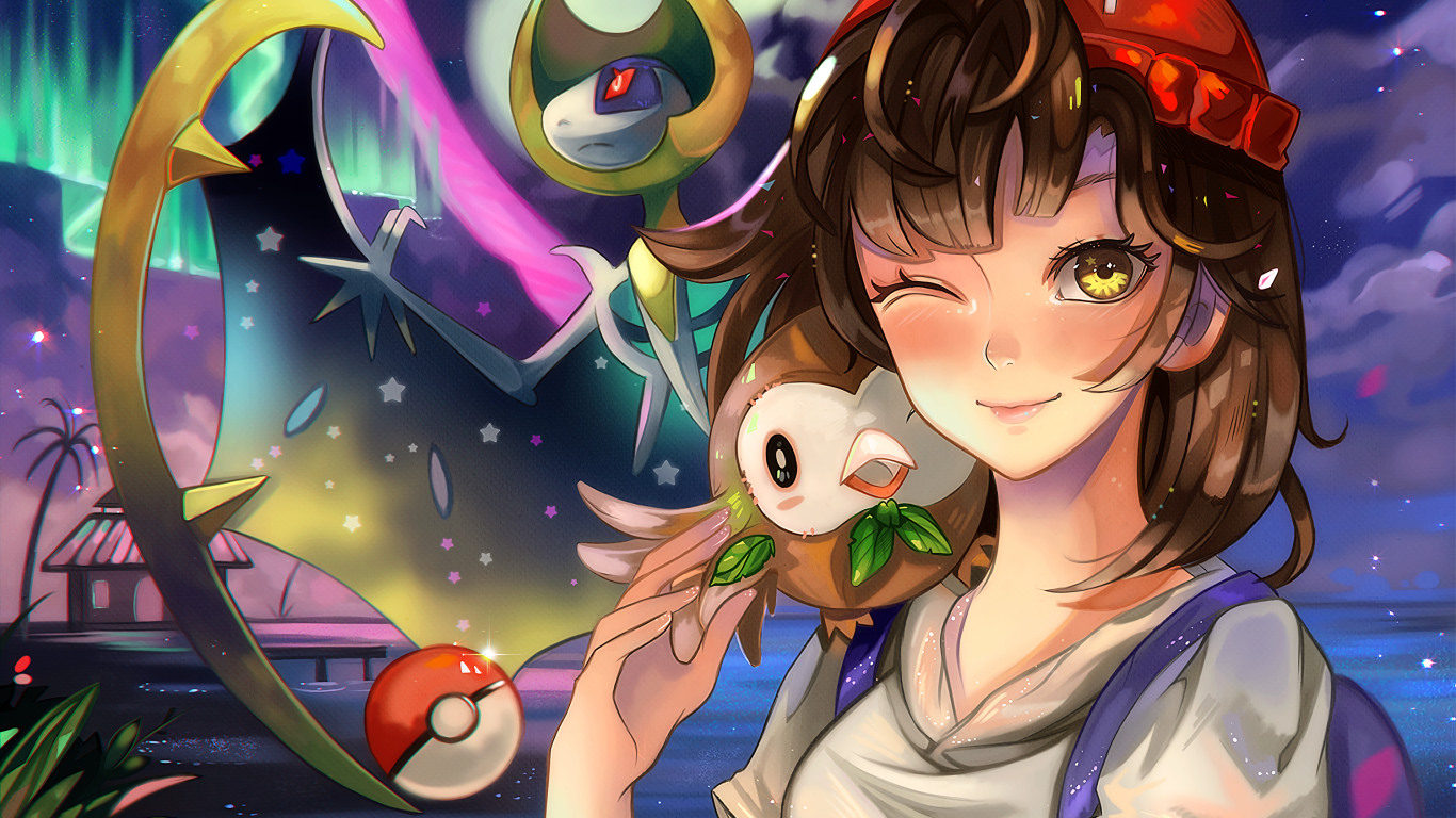 Pokemon Sun And Moon, Lunala, Rowlet, Wink, Anime Girl - Pokemon Girls Wallpaper Anime - HD Wallpaper 