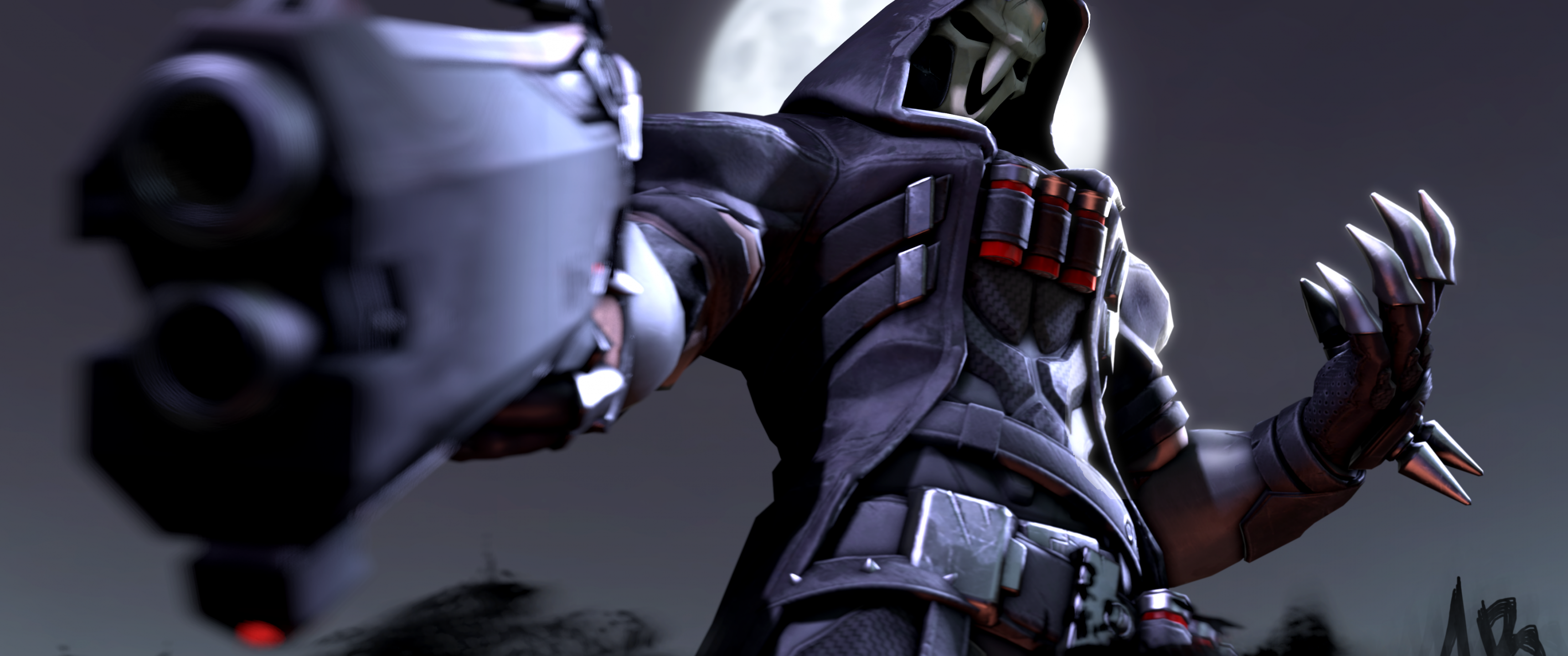 Reaper, Overwatch, Hood, Gun, Moon, Artwork - 3440 X 1440 Wallpaper Overwatch - HD Wallpaper 