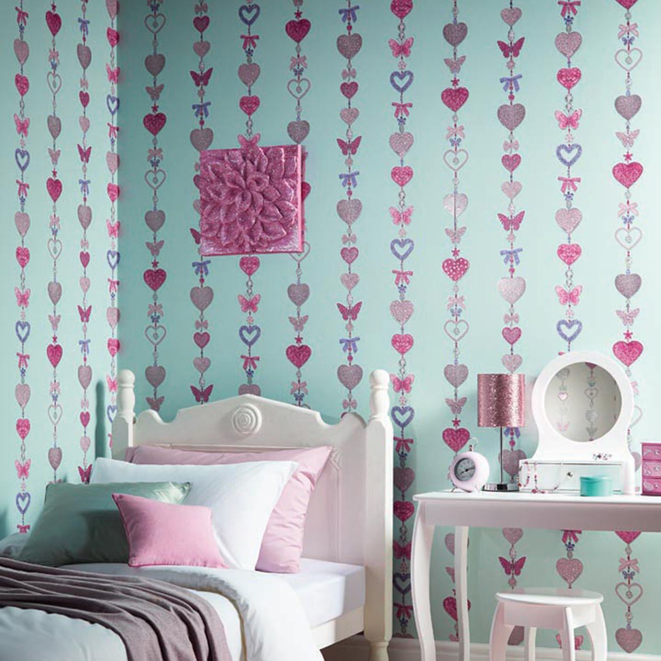 Heart Themed Wallpaper Girls Bedroom Pink Various Designs - Duck Egg And Purple Bedroom - HD Wallpaper 