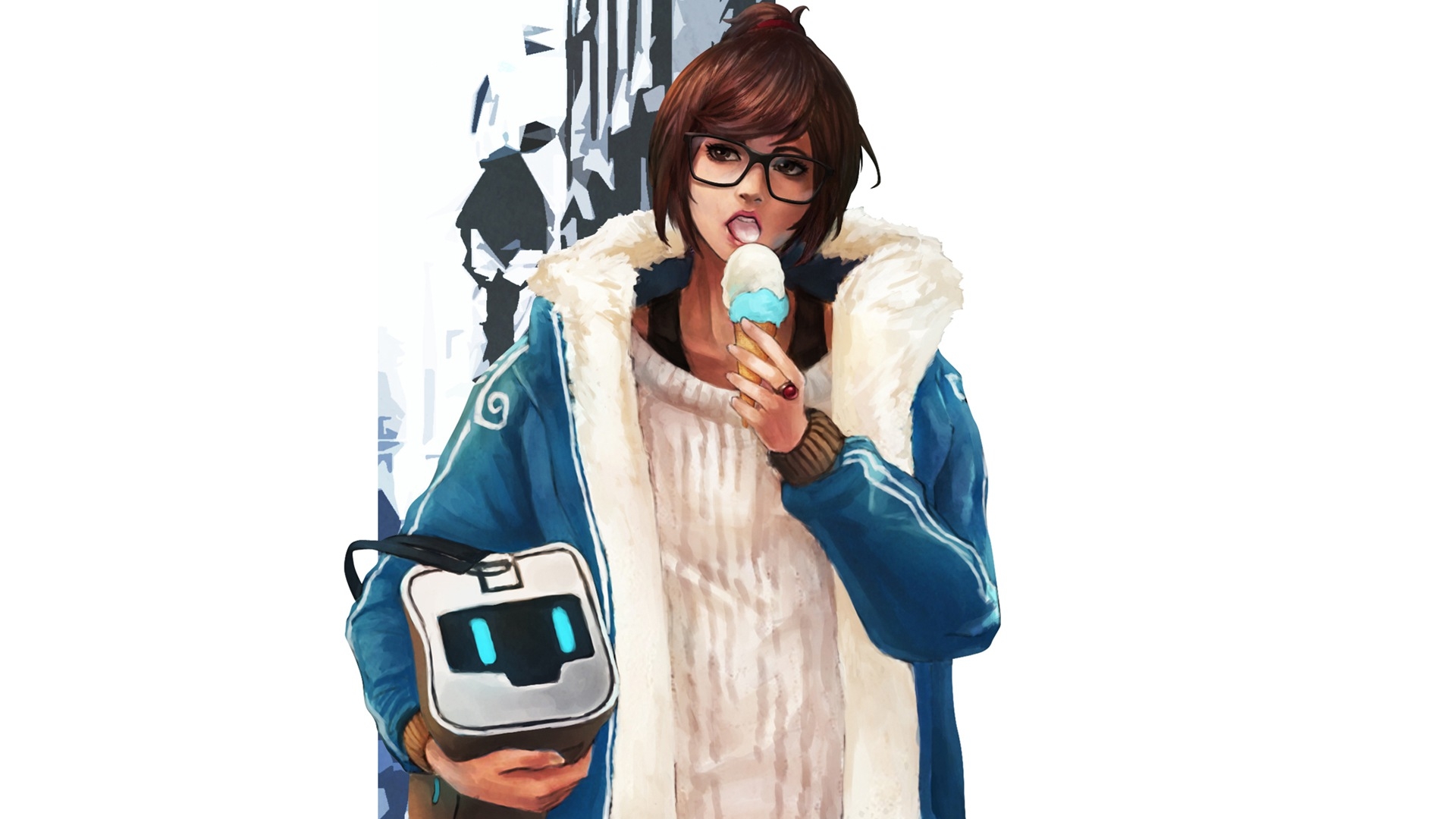 Overwatch, Mei, Ice Cream, Glasses, Painting - Fondo De Pantalla Overwatch Mei - HD Wallpaper 