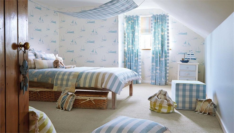 Blue And White Wallpaper Childrens Bedrooms With Contemporary - Bedroom - HD Wallpaper 