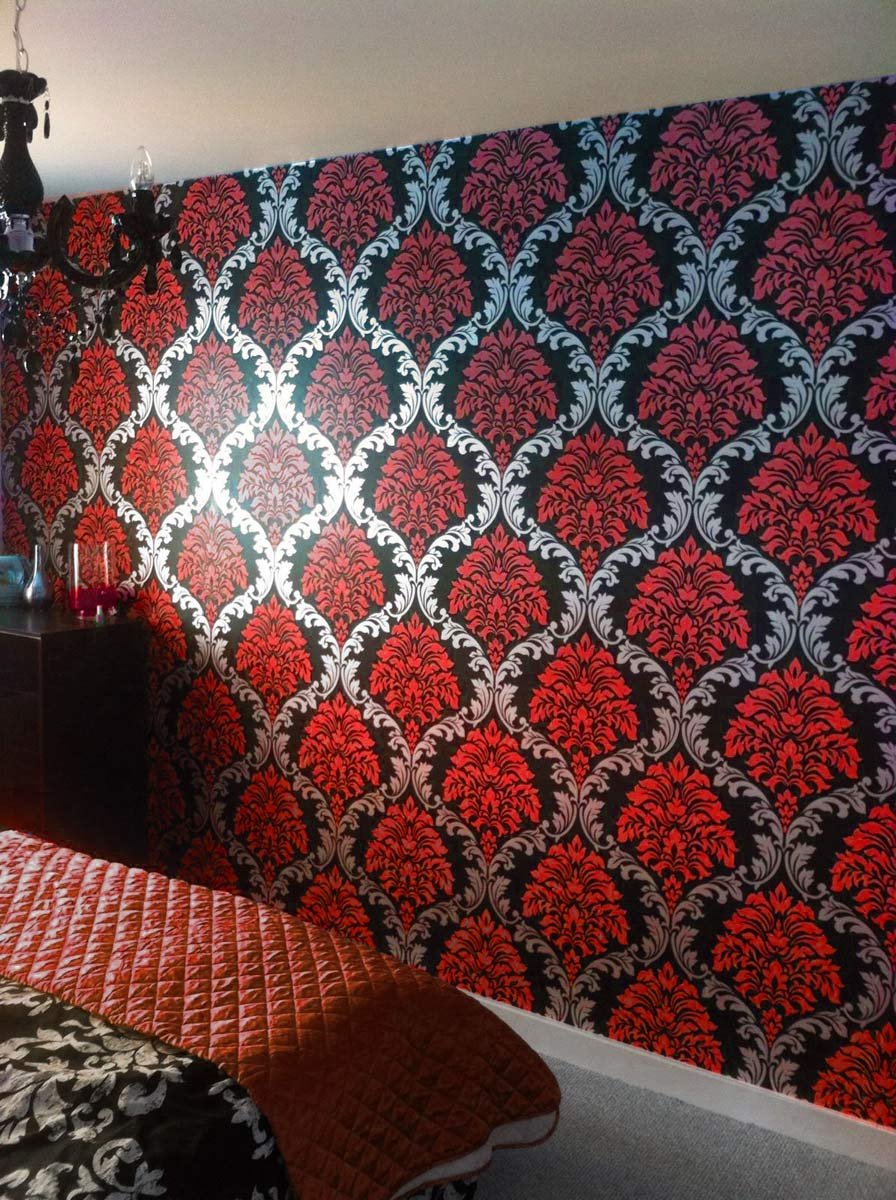 Damask Wallpaper Red Silver Black Feature Wall Bedroom - Red Wallpaper For Bedroom - HD Wallpaper 