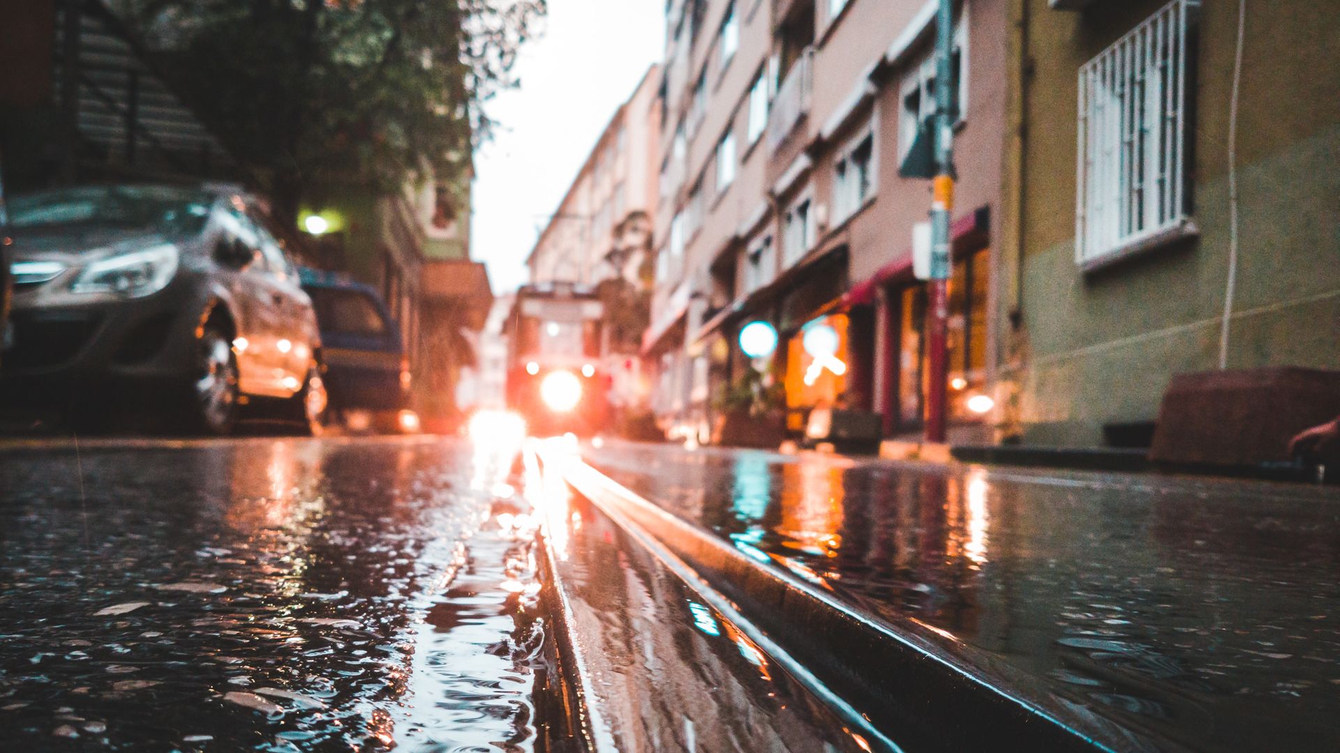 Tram Rail Closeup Photo In Rainy Season - Water Reflection On Road - HD Wallpaper 