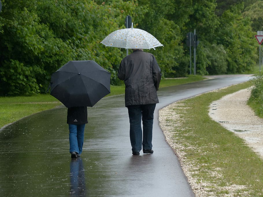 Two Person Walking On Pathway Holding Open Umbrella - Wet And Rainy Weather - HD Wallpaper 