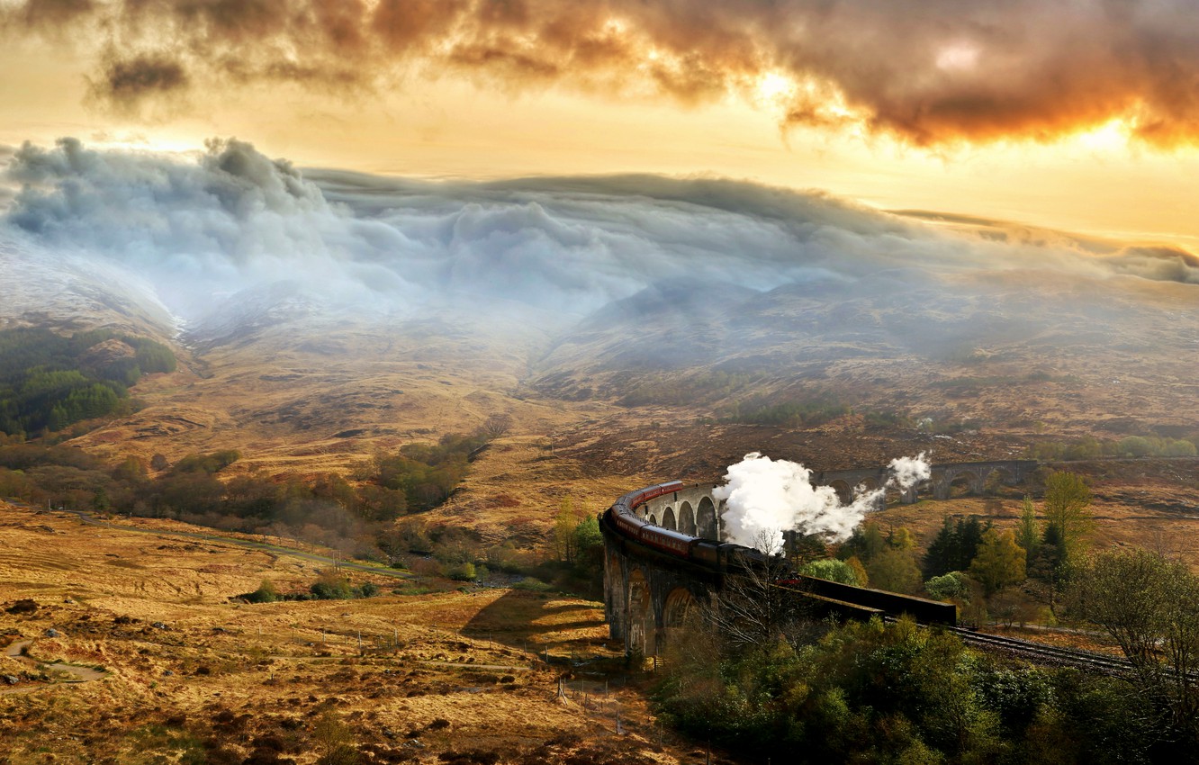 Photo Wallpaper Sky, Landscape, Smoke, Mountains, Clouds, - Train - HD Wallpaper 