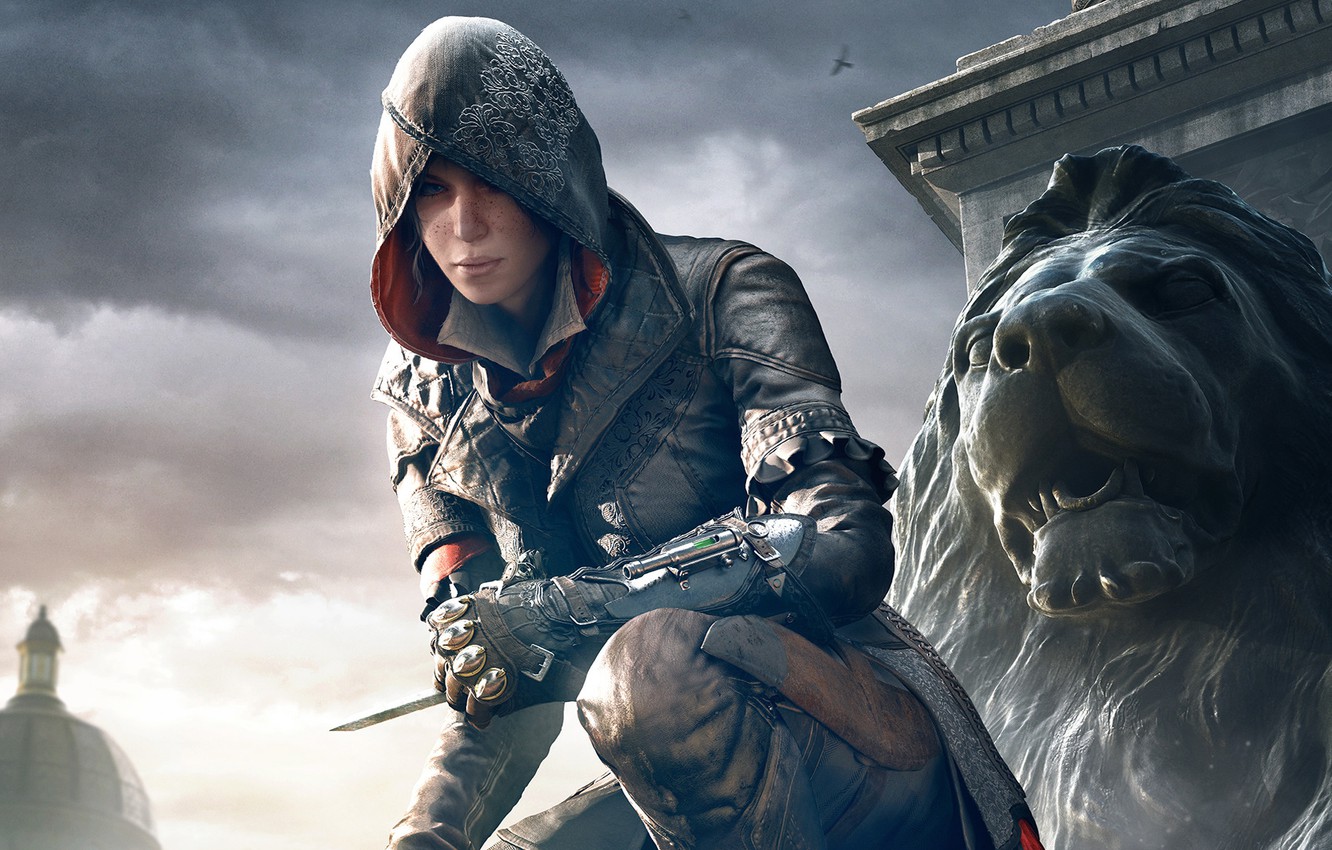Photo Wallpaper The Sky, Look, Girl, Birds, Hood, Statue, - Assassin's Creed Evie Frye - HD Wallpaper 