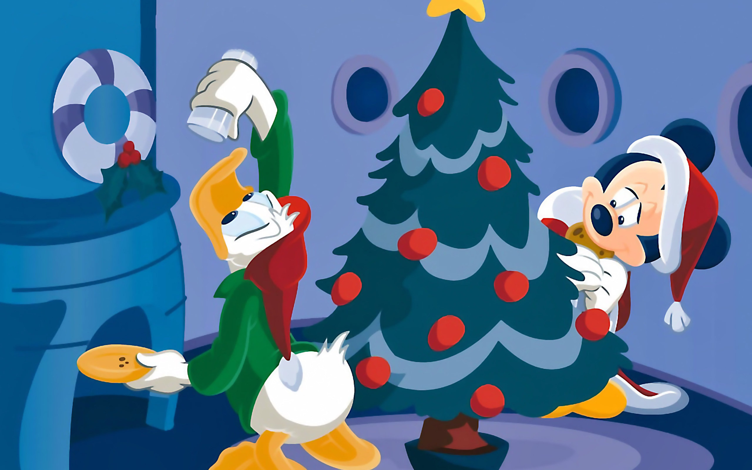 Disney Characters Decorating A Tree Christmas Wallpaper - Disney Cartoon Christmas Tree - HD Wallpaper 