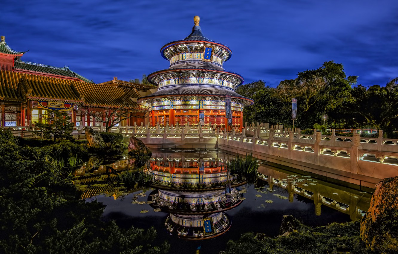 Photo Wallpaper Bridge, Pond, Park, Reflection, Fl, - Disney World, Epcot, China - HD Wallpaper 