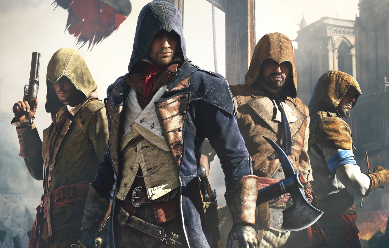 Photo Wallpaper Look, Cathedral, Light, Flag, Weapons, - Assassins Creed Unity 4 Assassins - HD Wallpaper 