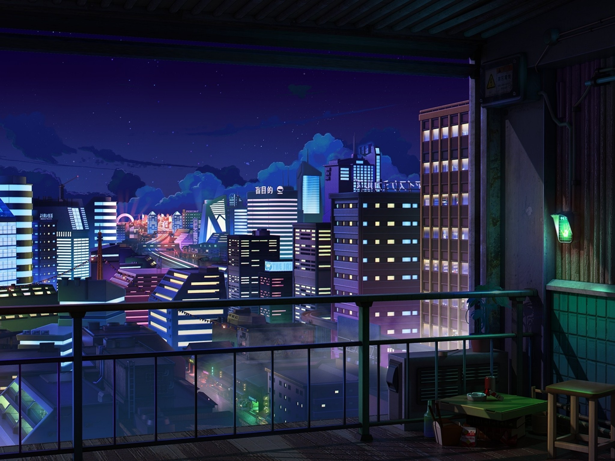 Anime Cityscape, Night, Buildings, Balcony, Stars, - Jazz Hop Cafe - HD Wallpaper 
