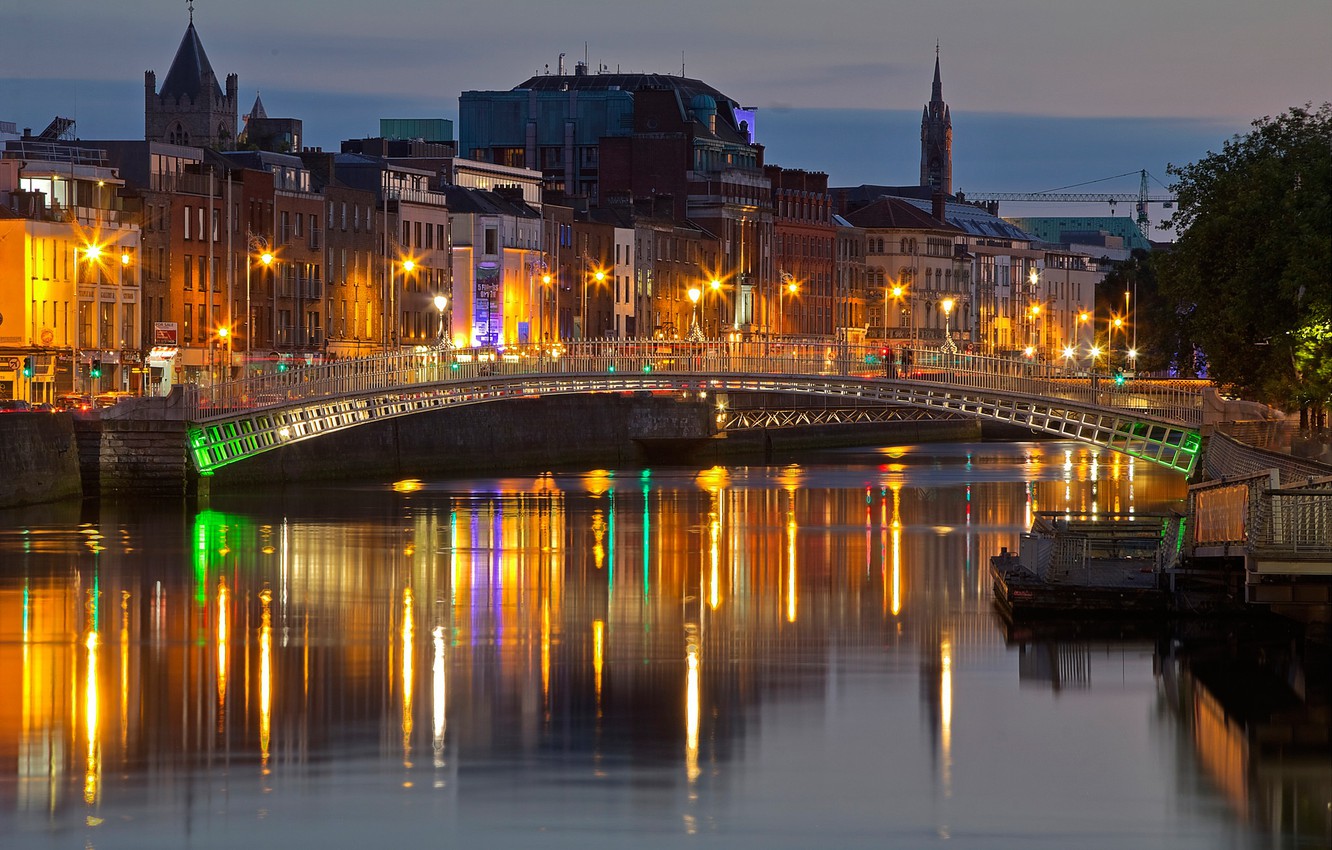 Photo Wallpaper Night, Bridge, Lights, River, Home, - Dublin Ireland - HD Wallpaper 