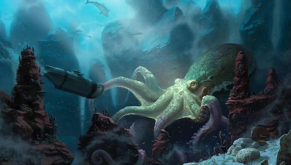 Art, Unidcolor, Ship, Submarine, Under Water, Octopus - HD Wallpaper 