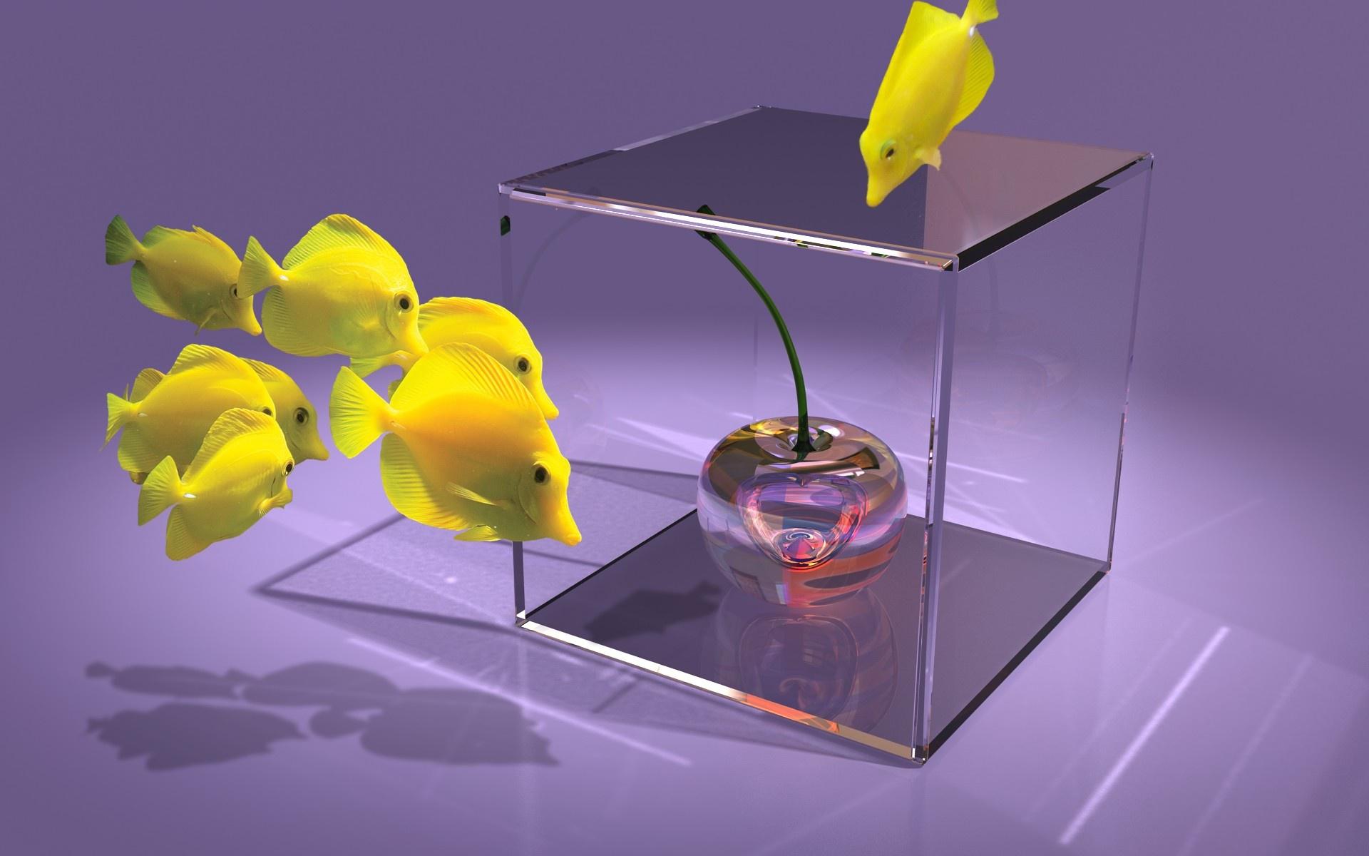 Hd Fish Cube Cherry 3d Image Download Wallpaper - 3d Glass Cherry - HD Wallpaper 