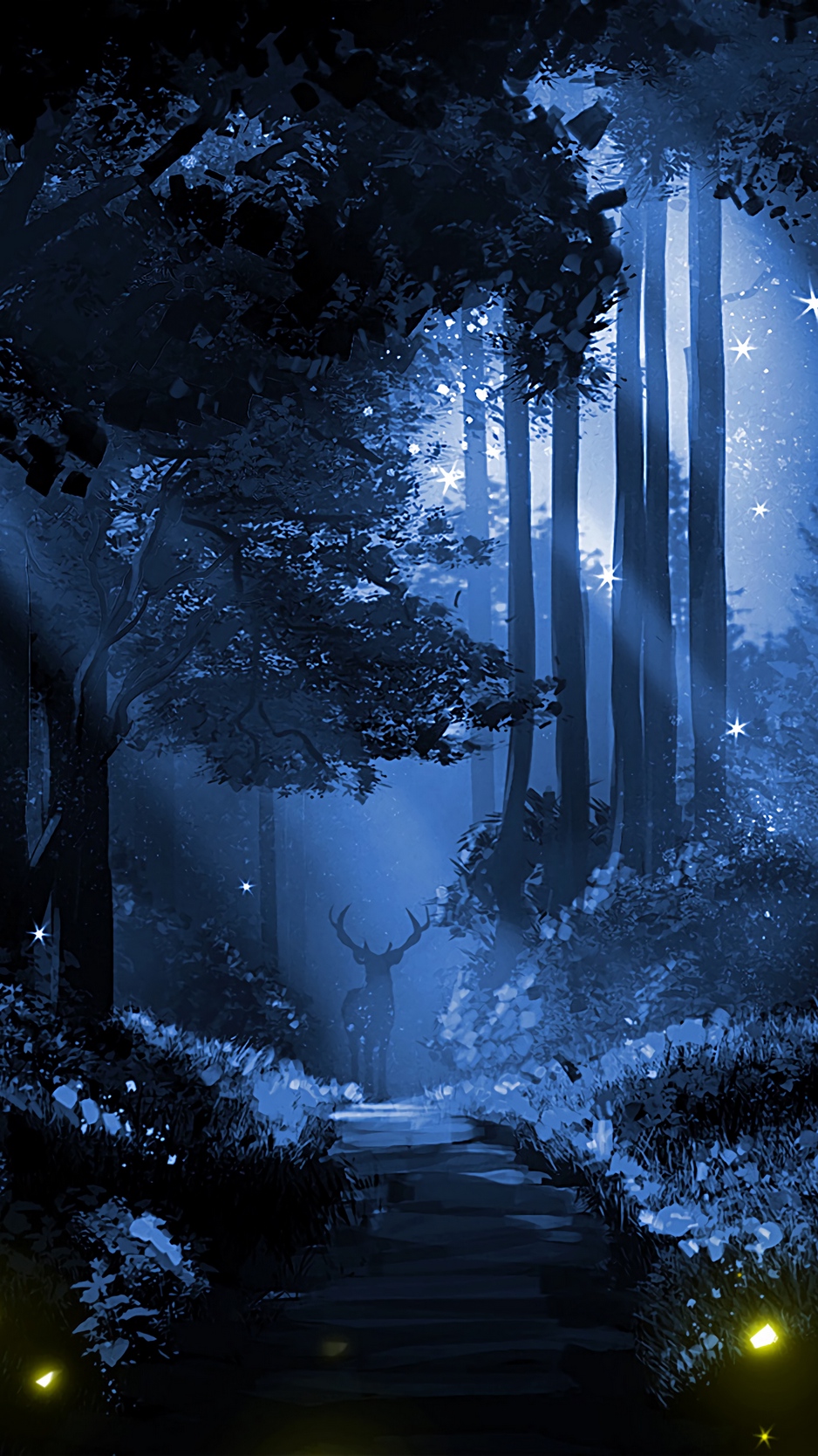 Wallpaper Deer, Silhouette, Forest, Art, Night - Night Forest Wallpaper Iphone - HD Wallpaper 