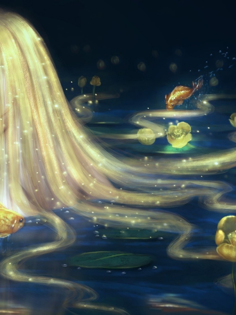 Fantasy Girl, Swimming, Blonde, Koi Fish - Wallpaper - HD Wallpaper 