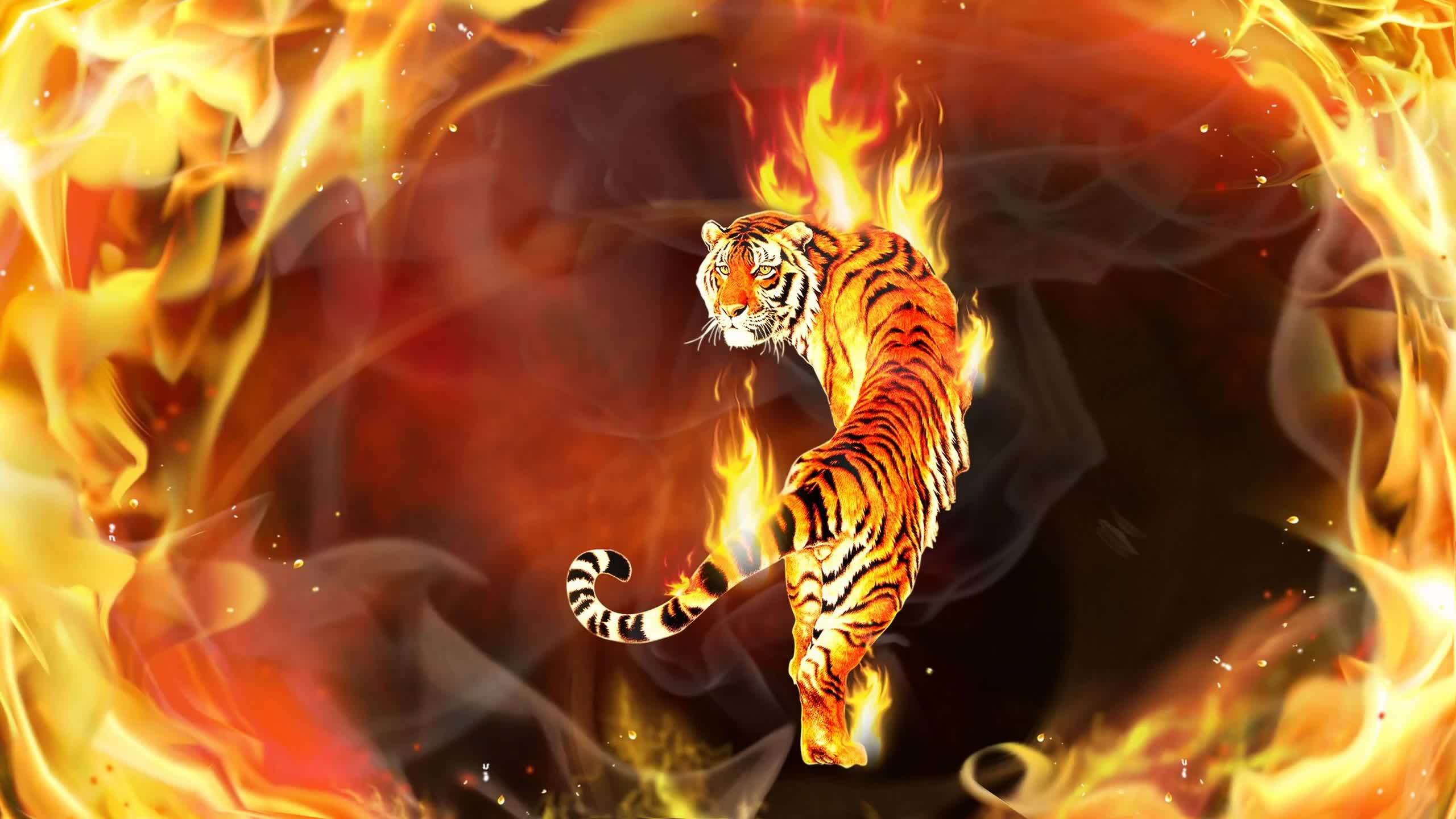 Tiger In Flames Digital Art 2k Live Wallpaper - Fondos De Pantalla De Tigres - HD Wallpaper 