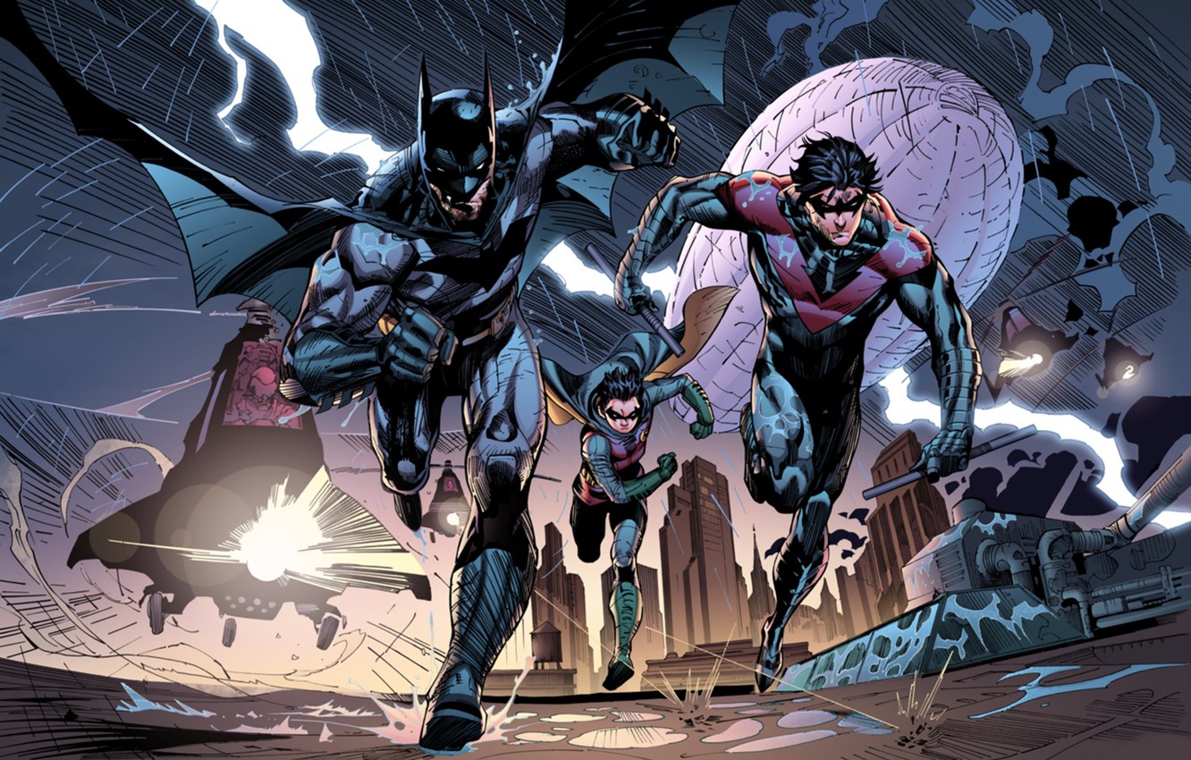 Photo Wallpaper Batman, Dc Comics, Robin, Nightwing - Batman And Nightwing And Robin - HD Wallpaper 