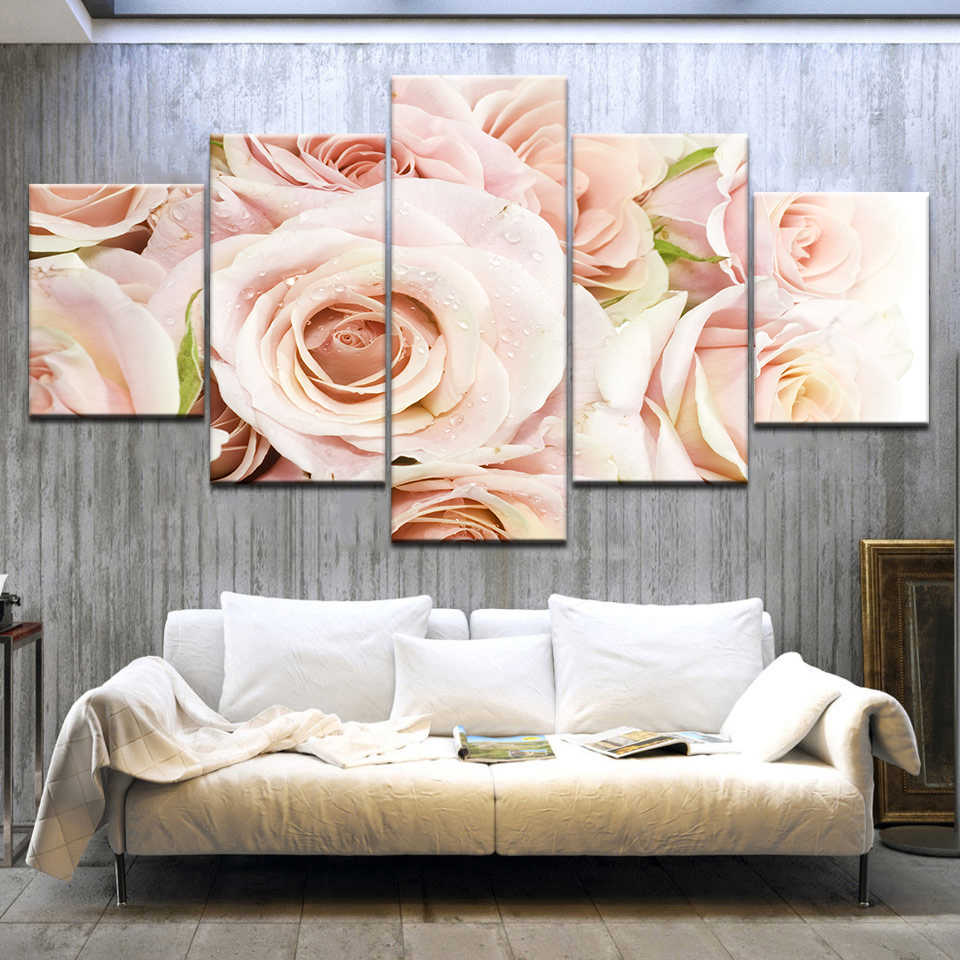 5panel/piece Pink Roses Live Wallpaper Flower Modern - Painting - HD Wallpaper 