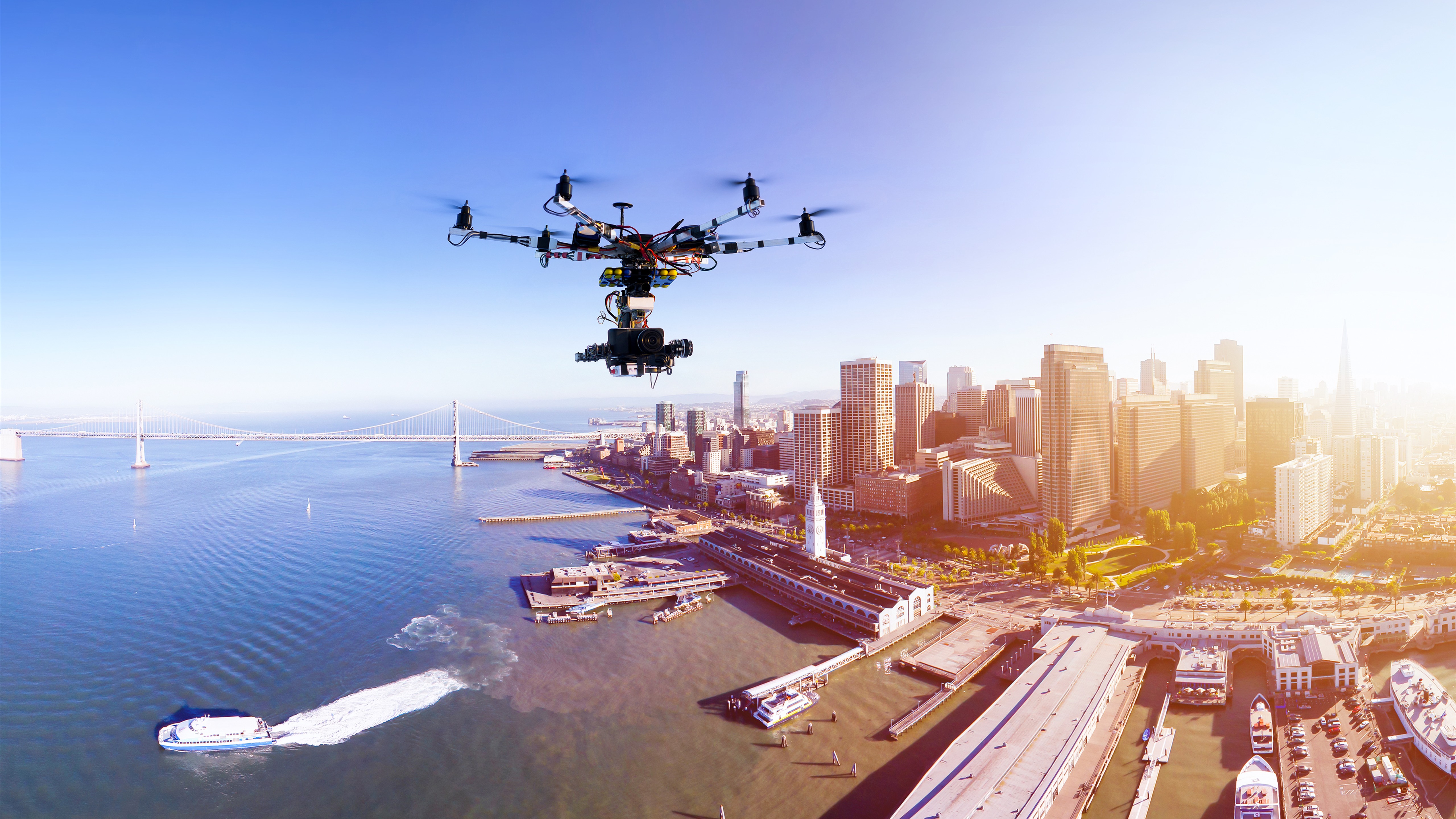 Wallpaper Drone, City, Top View, Skyscrapers, Sea, - HD Wallpaper 