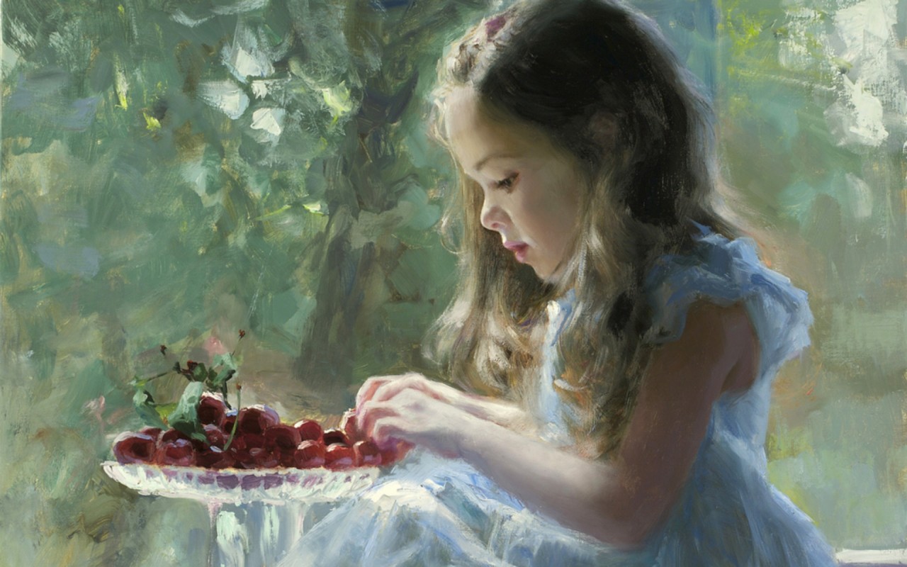 Sweet Girl Cherries Time Wallpapers - Картины Маслом Дети - HD Wallpaper 
