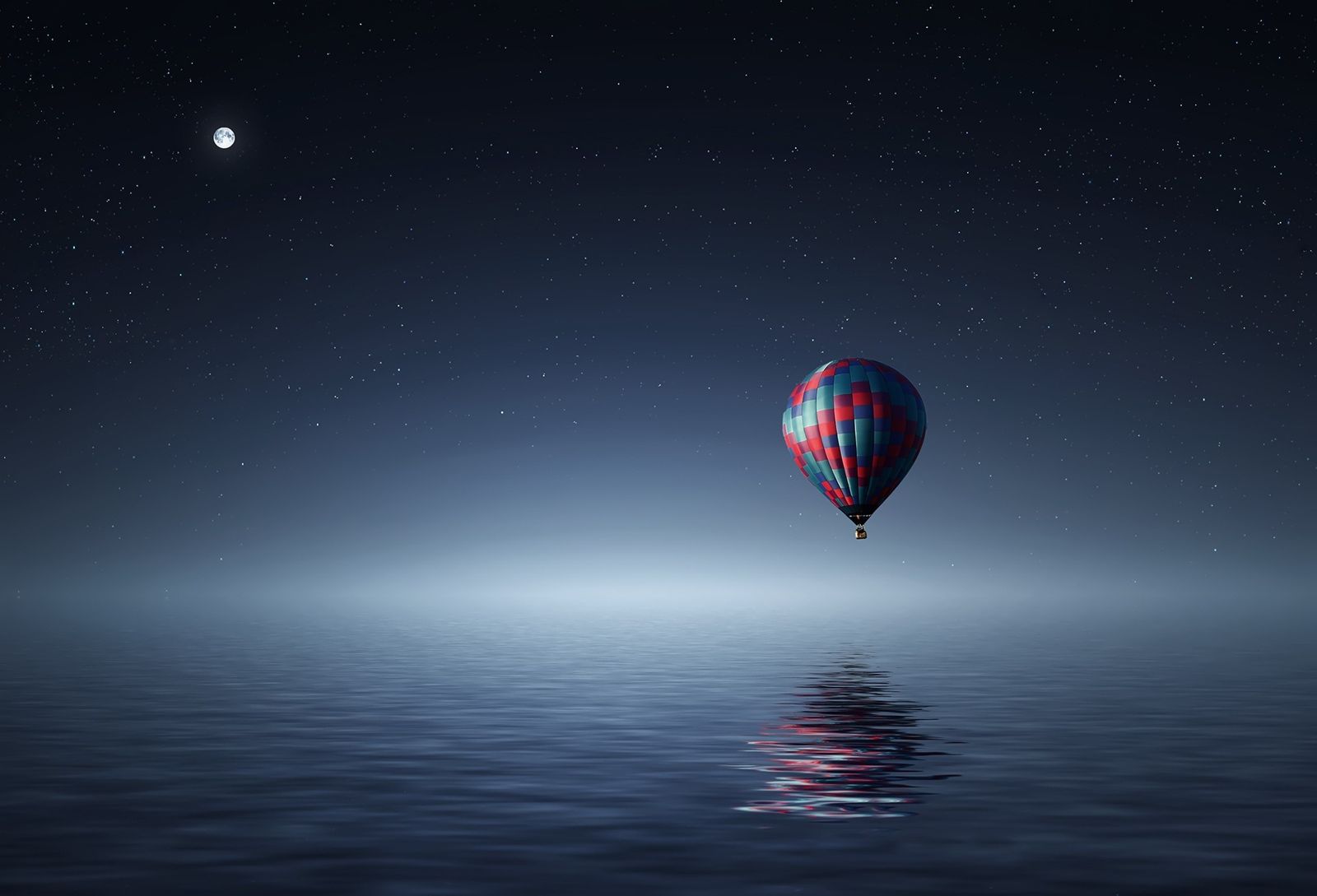 Sky Water Sea Ocean Night Travel Scenic Reflection - Hot Air Balloon Night - HD Wallpaper 