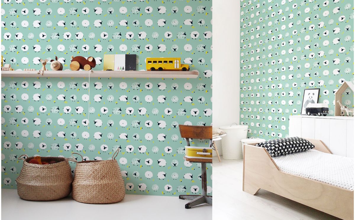 Cute Mint Blue Sheep Nursery Wallpaper For Kids Room, - Papier Peint Chambre Bébé Garcon - HD Wallpaper 