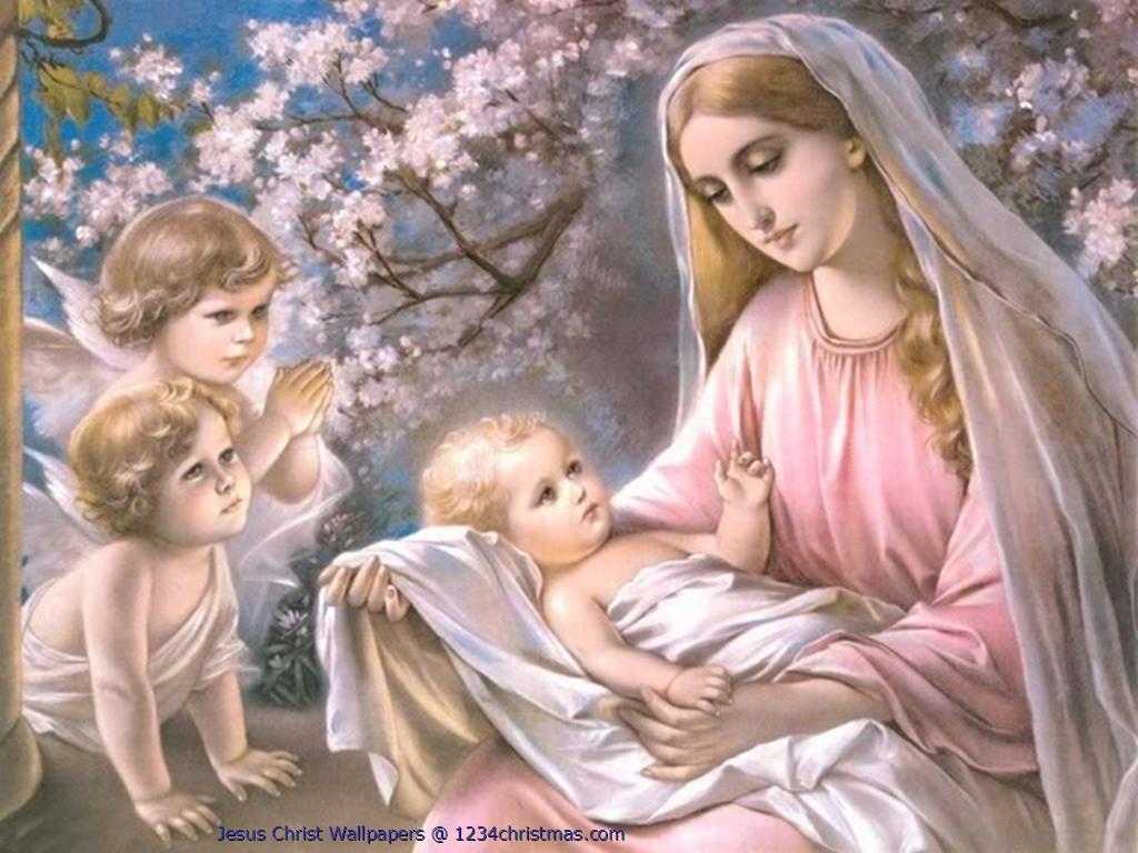 Child Jesus Wallpaper Download - Mary And Baby Jesus With Angels - HD Wallpaper 