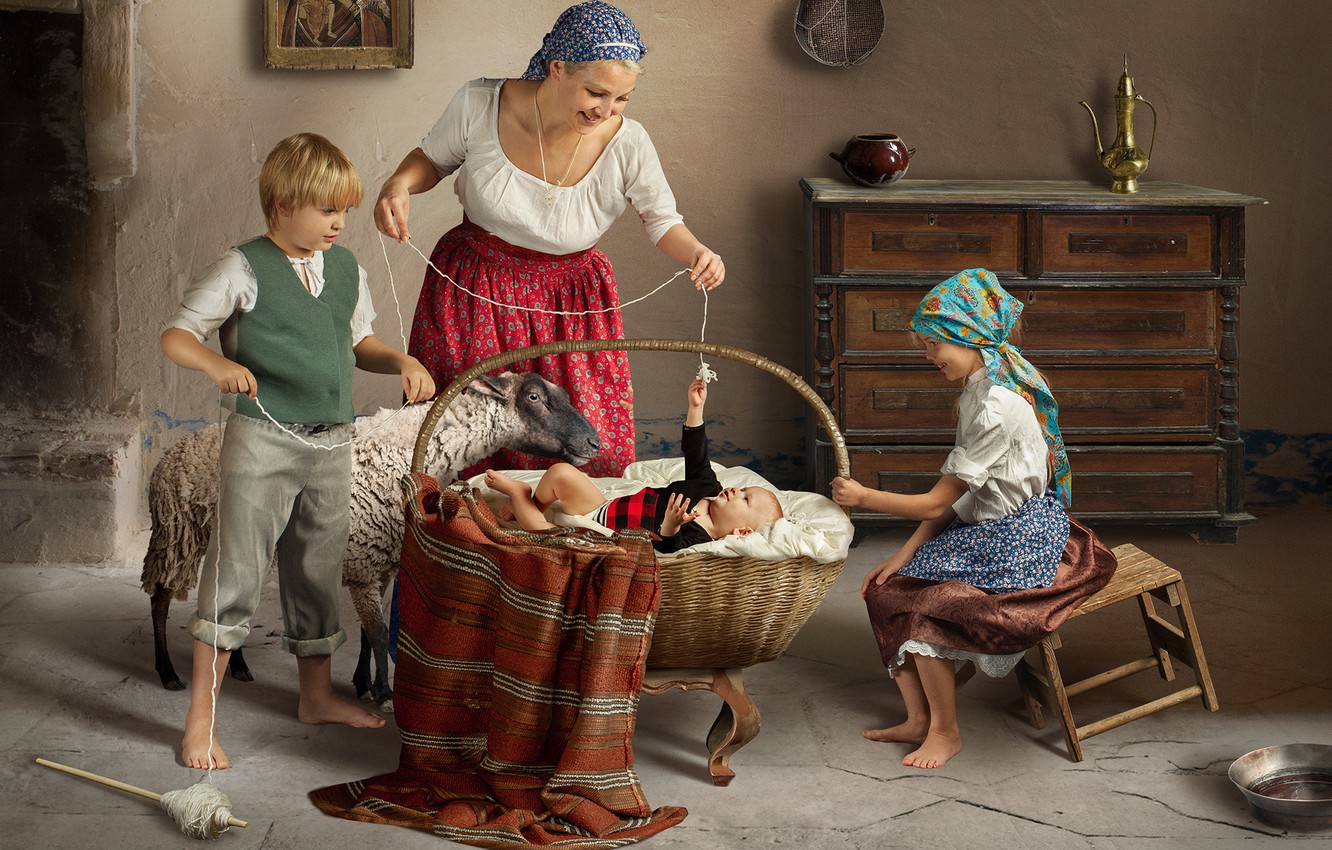 Photo Wallpaper Children, House, People, Animal, Basket, - Toddler - HD Wallpaper 