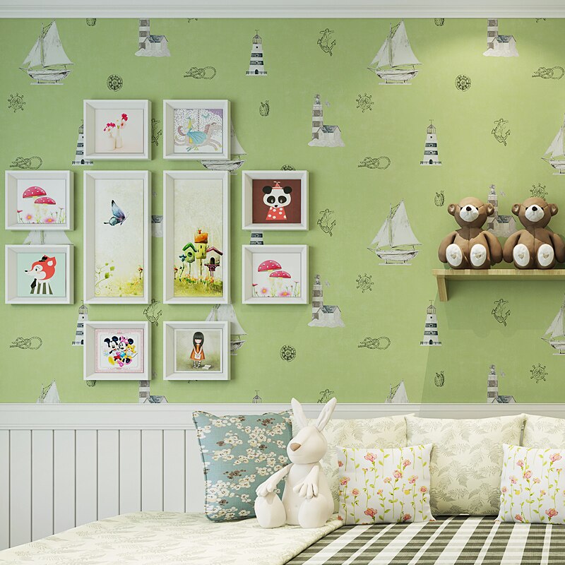 M Cartoon Mediterranean Lighthouse Sailing Pattern - Living Room - HD Wallpaper 