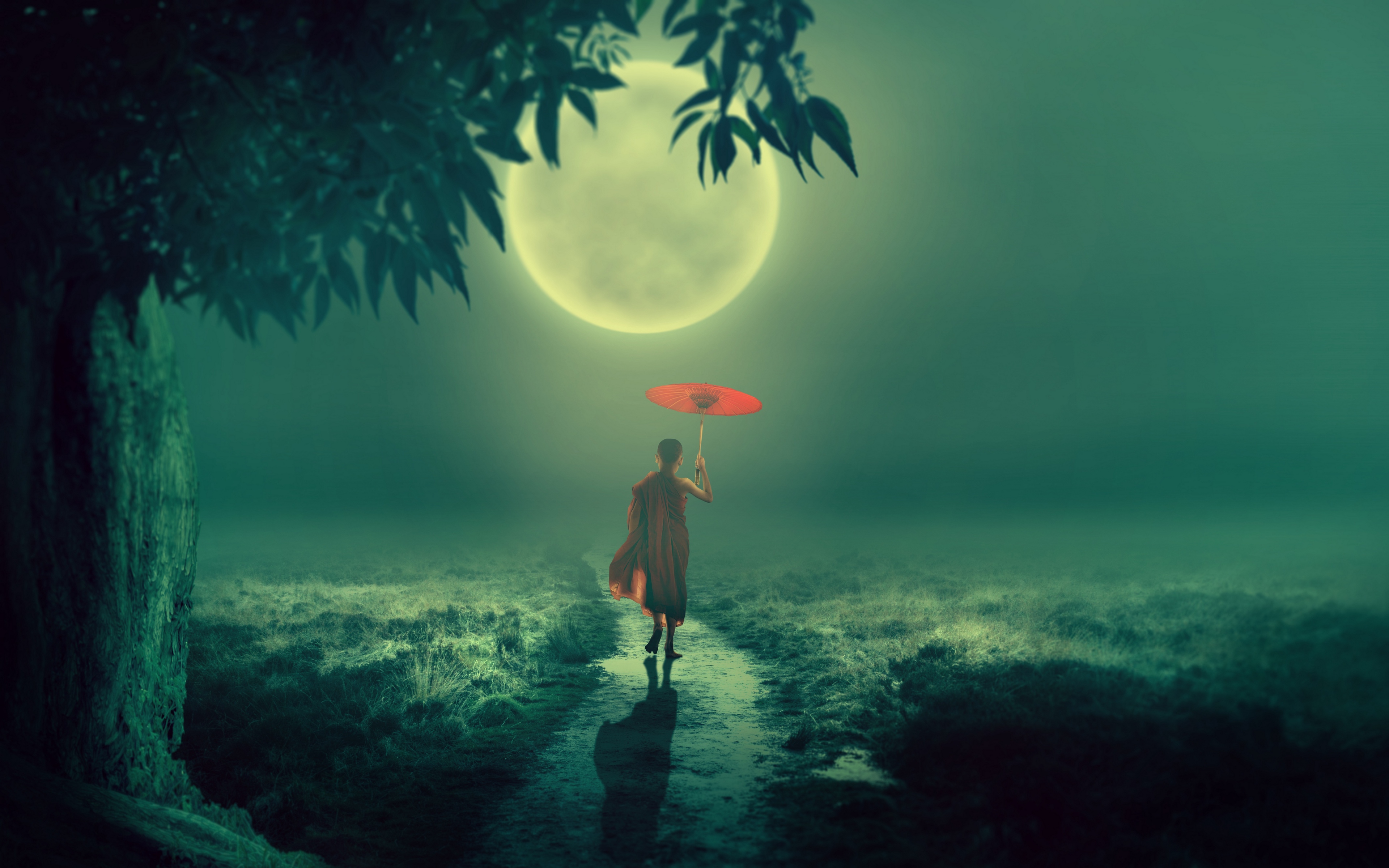 Wallpaper Boy, Monk, Fog, Moon, Child, Umbrella, Buddhism - Ultra Hd Buddha Wallpaper Hd - HD Wallpaper 