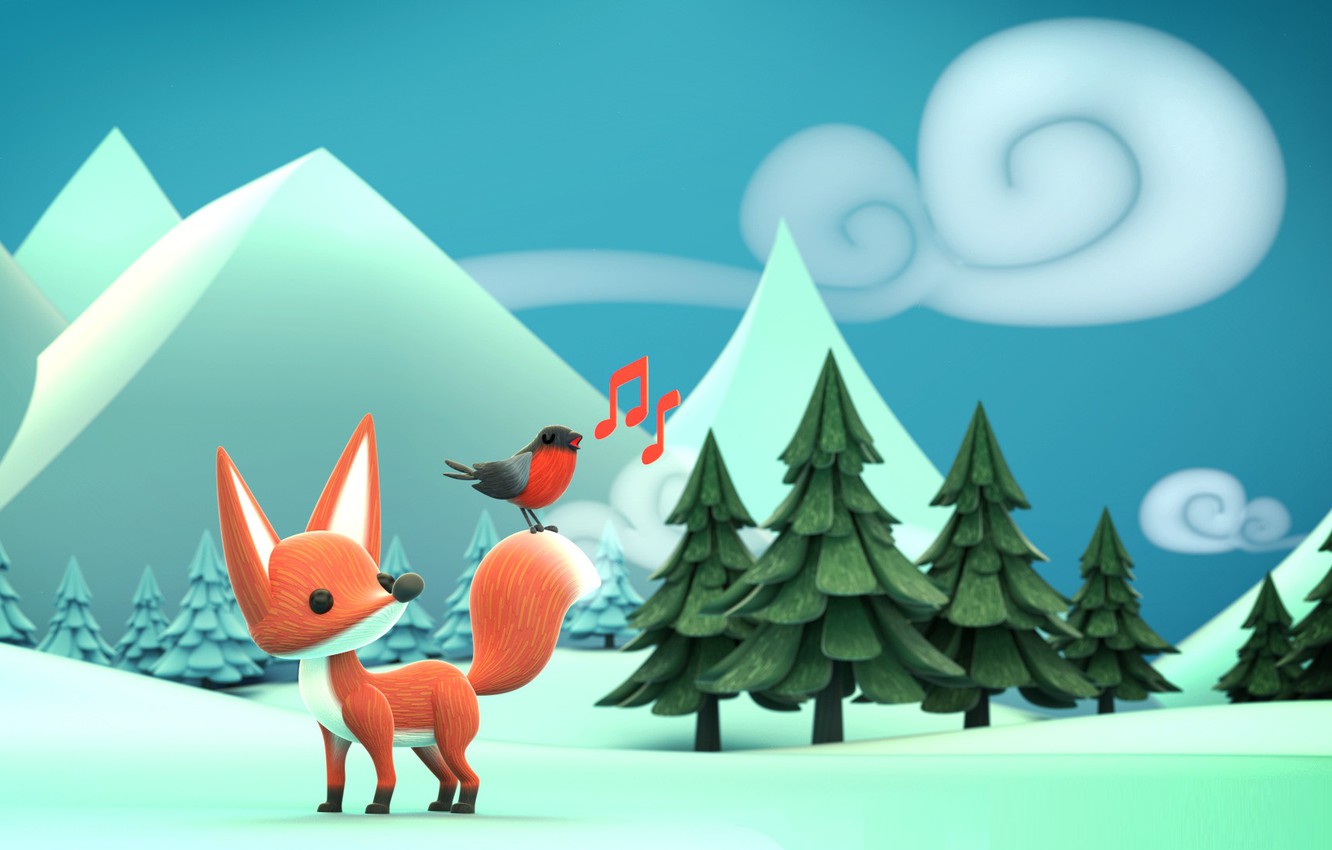 Photo Wallpaper Winter, Forest, Snow, Art, Fox, Bullfinch, - Illustration - HD Wallpaper 