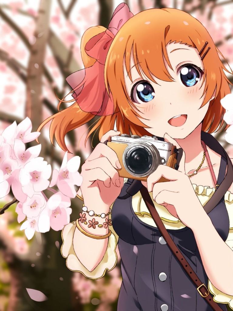 Kousaka Honoka, Sakura Petals, Camera, Smiling, Love - Anime Taking Photo Camera - HD Wallpaper 