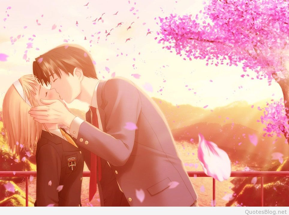 Lovers Kissing In Park Hd Anime Wallpaper Image - Valentine Day Love Kiss - HD Wallpaper 