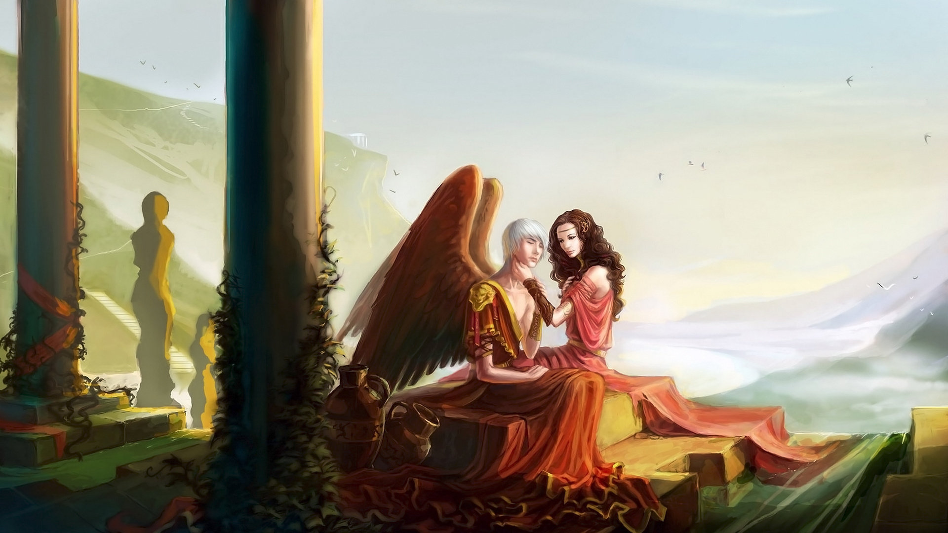 Free Download Fantasy Love Couple Background Id - Ангел И Человек Арт - HD Wallpaper 