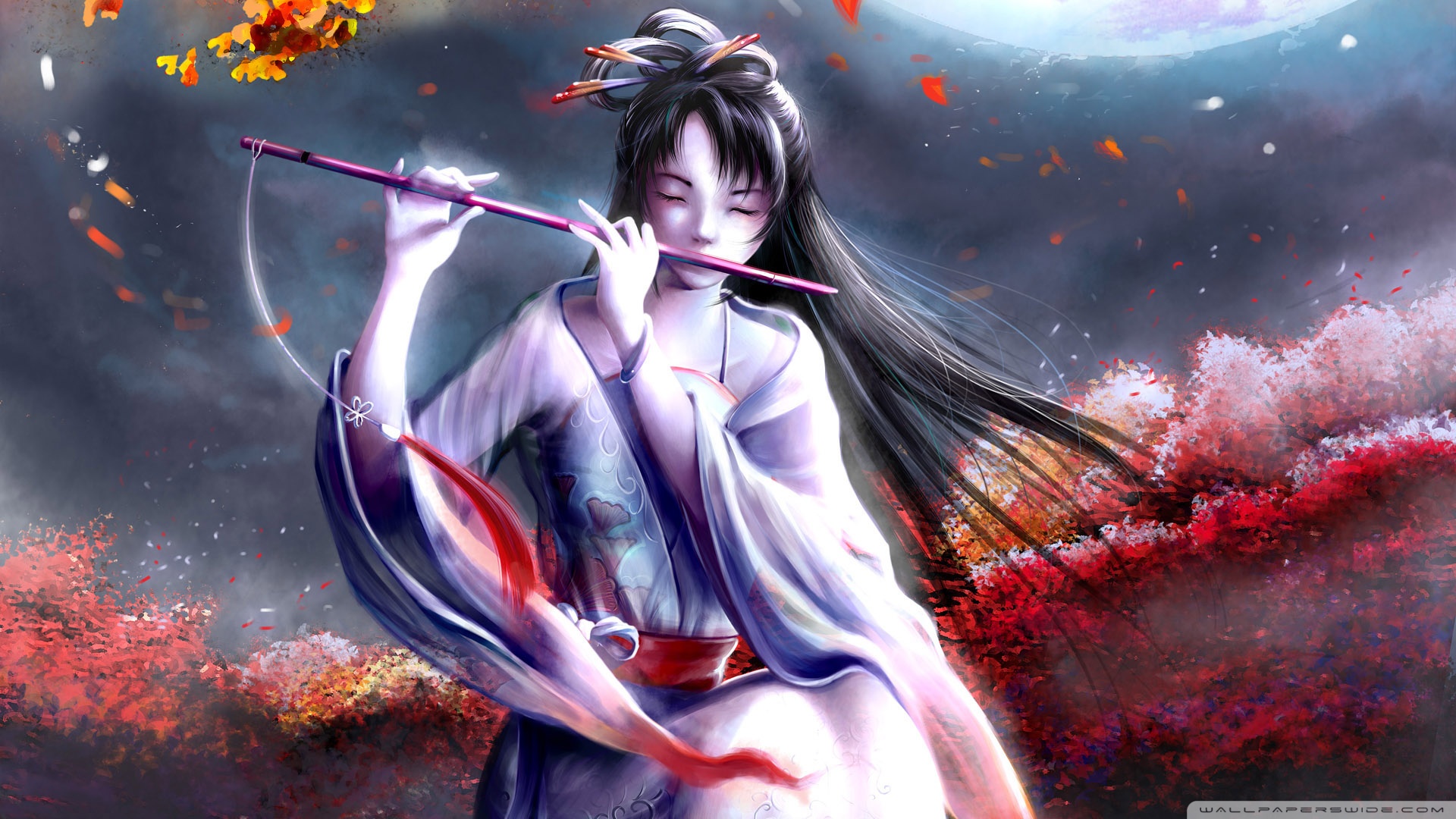 Painting Of Girl Playing Flute - HD Wallpaper 