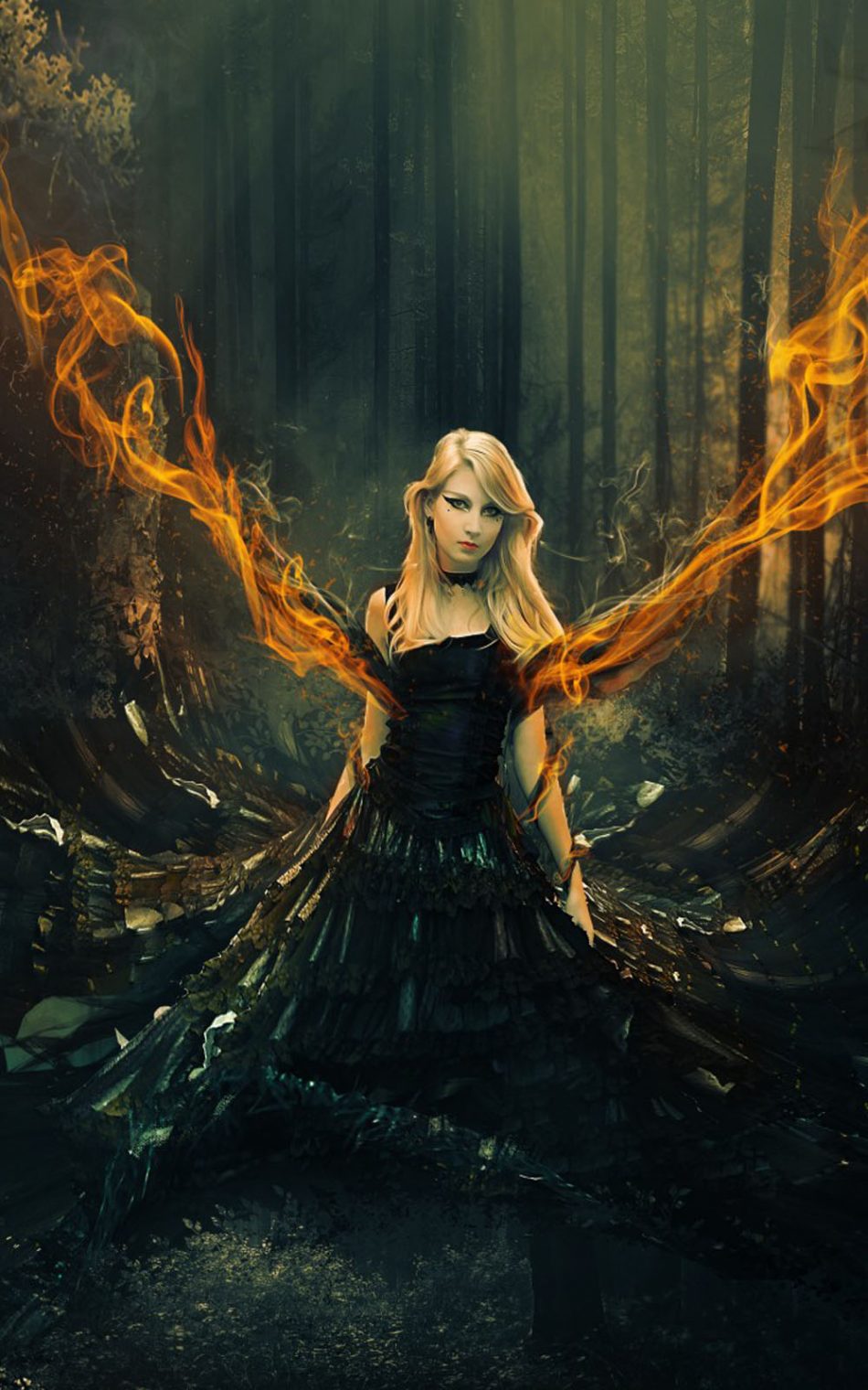 Fantasy Girl Flame Forest Surreal Hd Mobile Wallpaper - Fantasy Wallpaper 4k Phone - HD Wallpaper 