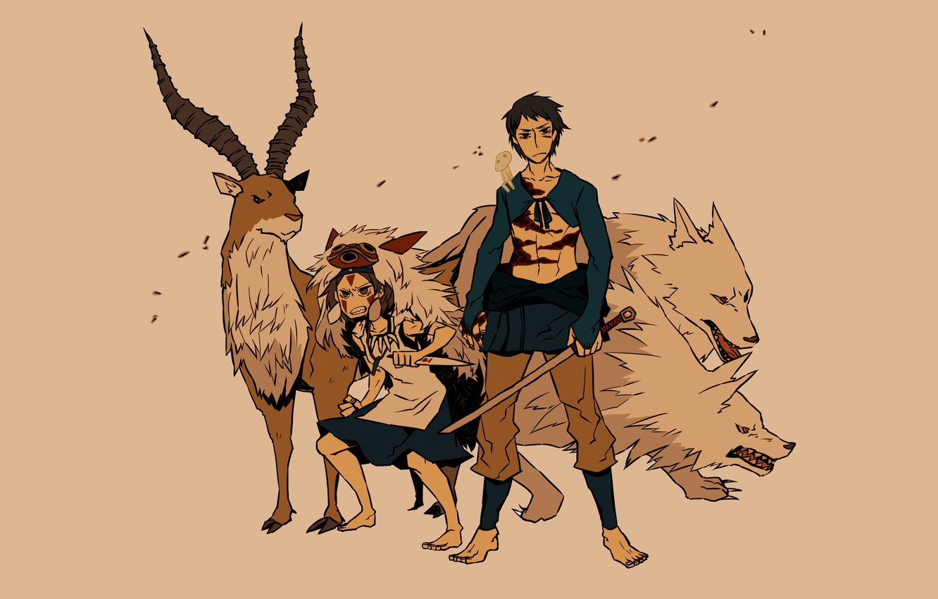 Photo Wallpaper Power, Wolf, Sword, Deer, Grin, Wolves, - Princesse Mononoké Ashitaka Fanart - HD Wallpaper 