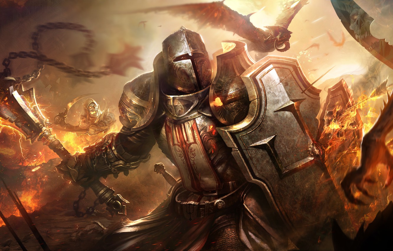 Photo Wallpaper Armor, Warrior, Helmet, Demons, Diablo - Mace And Shield Paladin - HD Wallpaper 