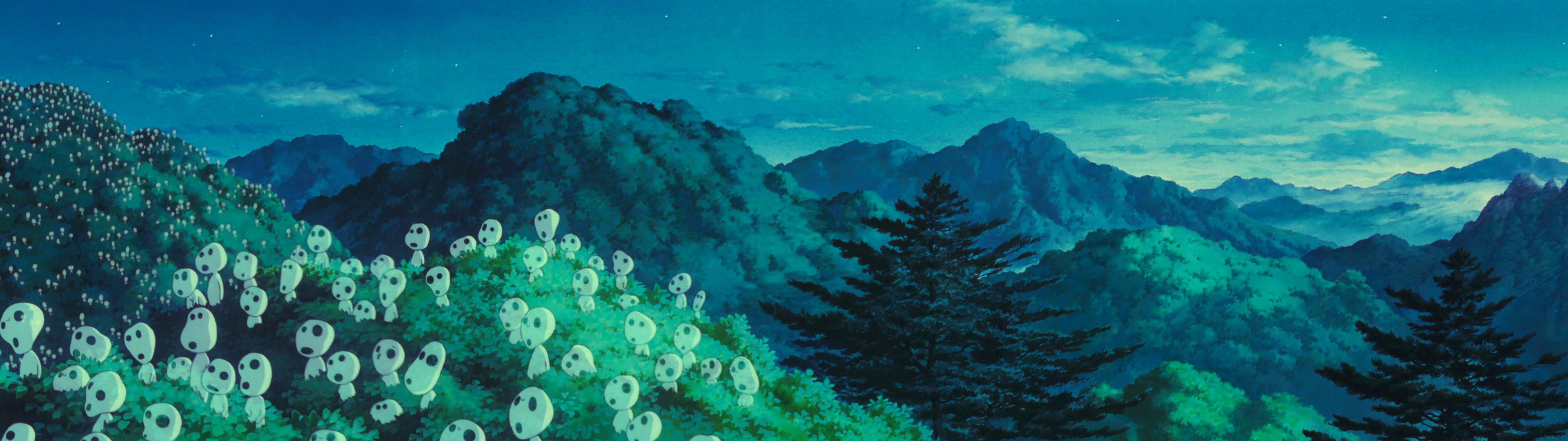 Princess Mononoke Kodama Background Desktop Wallpaper - Dual Screen Wallpaper Ghibli - HD Wallpaper 