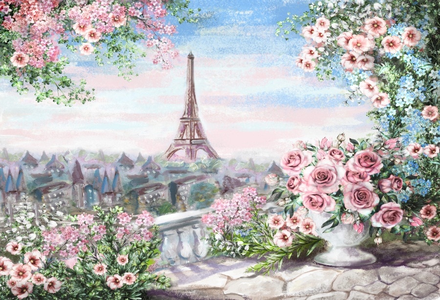 Eiffel Tower Pink Flowers - HD Wallpaper 