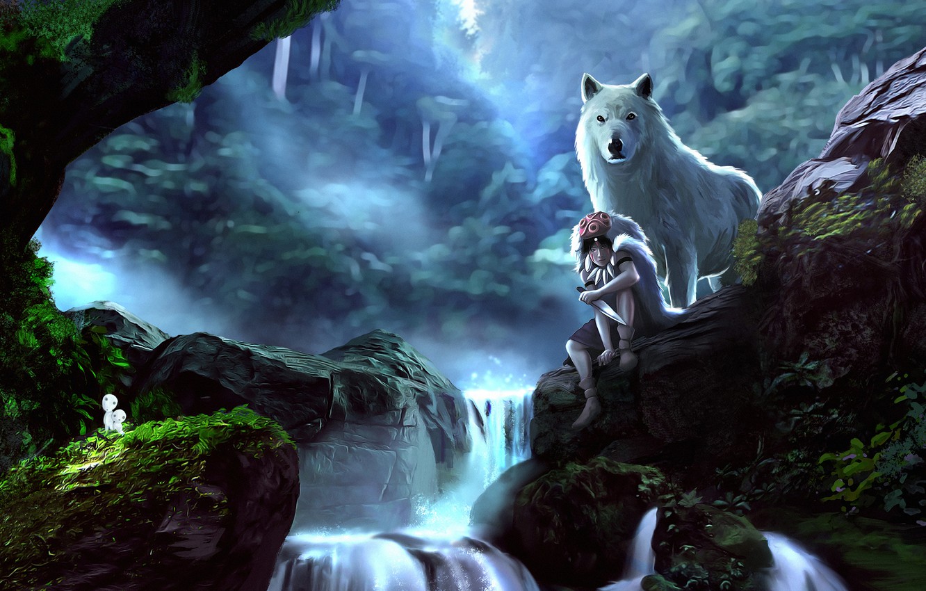 Photo Wallpaper Forest, Girl, Stones, Wolf, Art, Princess - Princess Mononoke Digital Art - HD Wallpaper 