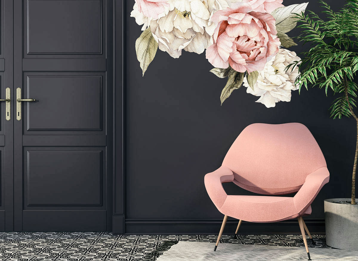 The Best Wallpaper On Etsy - Wall Decal Black Wall With Peonies - HD Wallpaper 