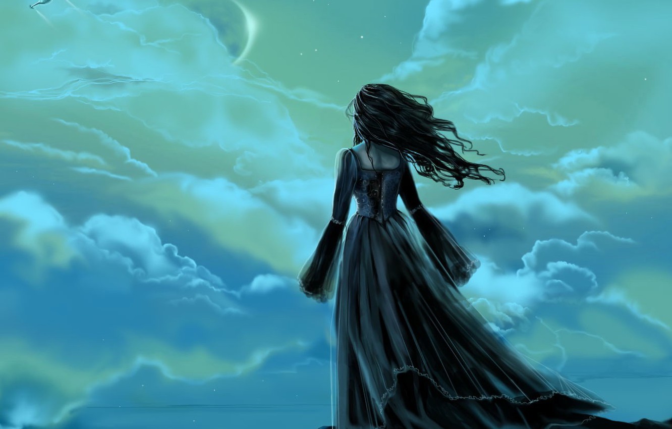 Photo Wallpaper Sadness, Flight, Clouds, 151, Goodbye - Night Fantasy Girl - HD Wallpaper 