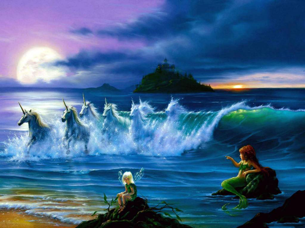 Unicornios Formados Con Las Olas Del Mar Con Una Hada - Unicorns And Fairies And Mermaids - HD Wallpaper 