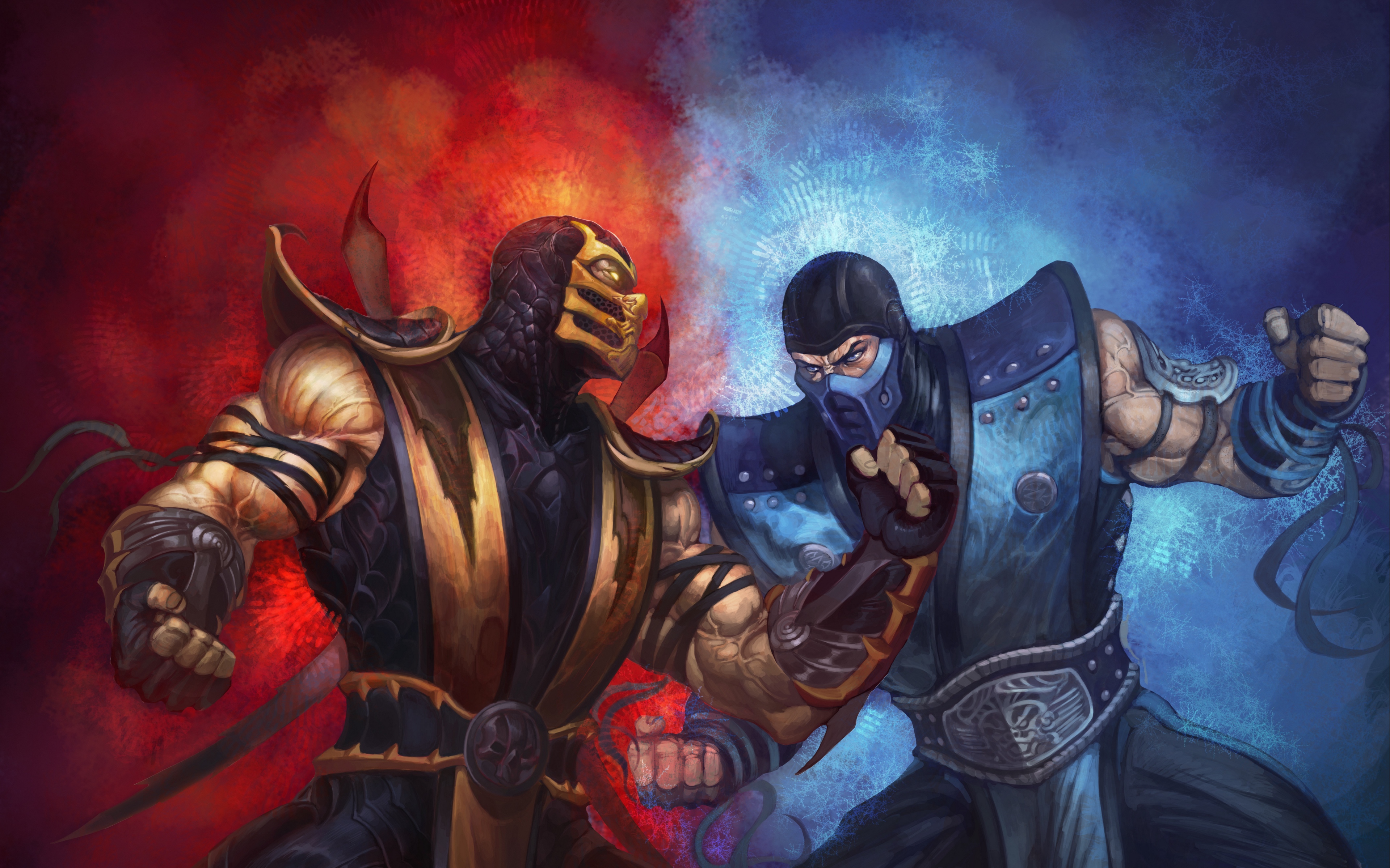 Wallpaper Mortal Kombat, Scorpion, Sub-zero, Punch, - Mortal Kombat Sub Zero Versus Scorpion - HD Wallpaper 