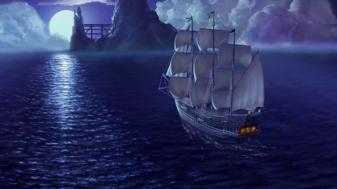 Rendering Sea Ship Sail Moon Night Hd Wallpaper - Ship Sailing To Island - HD Wallpaper 
