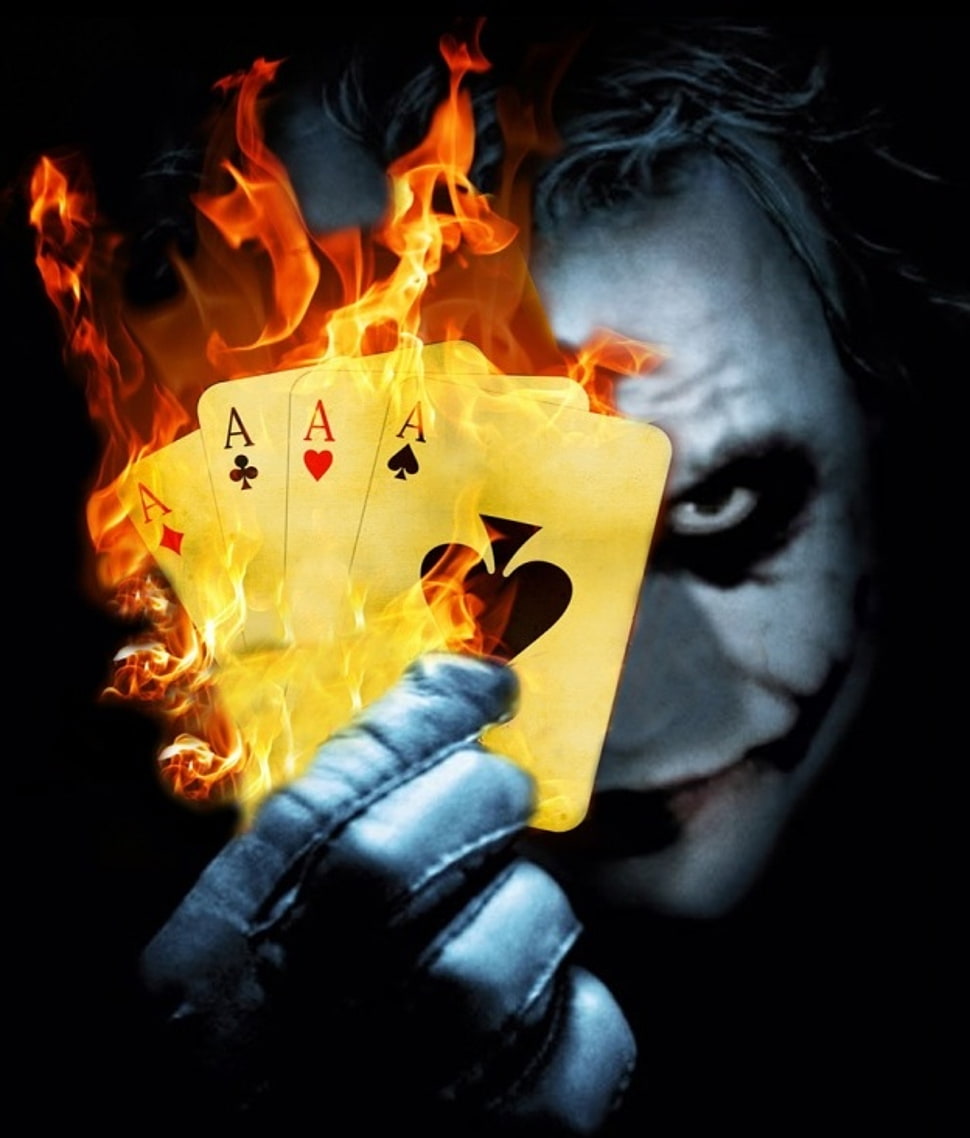 Joker Holding Four Flaming Ace Playing Cards Illustration - Card Wallpaper Joker - HD Wallpaper 